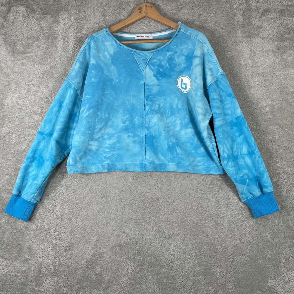 Burn Boot Camp Sweatshirt Womens Large Blue Tie Dye Cropped Graphic Pullover